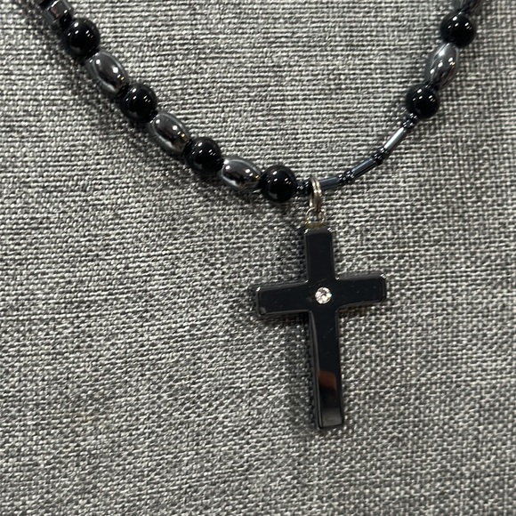 Hematite Slovakian Crystal Cross Pendant Necklace - Picture 4 of 9